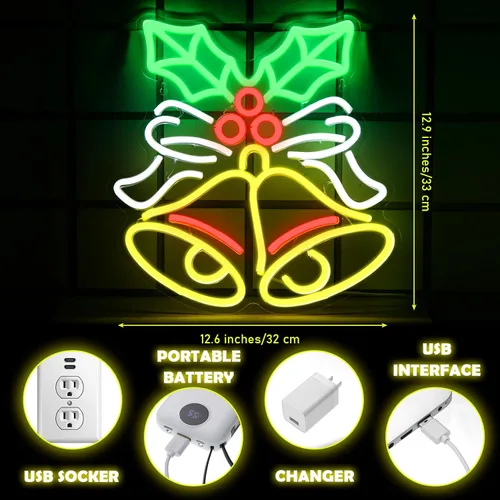 Vista 2 de Xuhal Letrero de neón de campana de Navidad, luces de neón de Navidad, señal LED iluminada por USB para decoración de pared, barra, sala de estar
