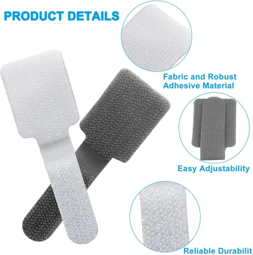 Vista 3 de 80 bridas de gancho y bucle, correas autoadhesivas de gancho y bucle, organizador de cables con parte trasera adhesiva, soporte ajustable para 40
