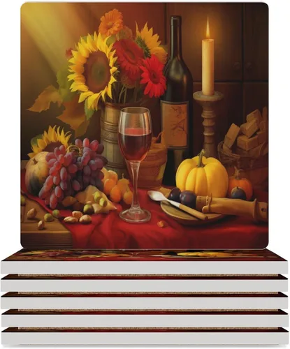 Vista 12 de 4 posavasos de vino tinto, cuadrados y modernos posavasos absorbentes de cerámica, estilo de pintura al óleo, vintage, vino tinto, uvas, rosa