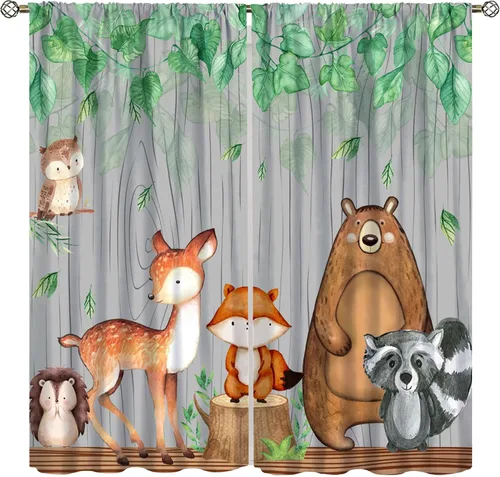 Vista 10 de YCness Cortinas para niños y niñas, diseño de animales de la selva, bosque de otoño, dibujos animados, ciervos, conejos, zorros, búhos, cortinas