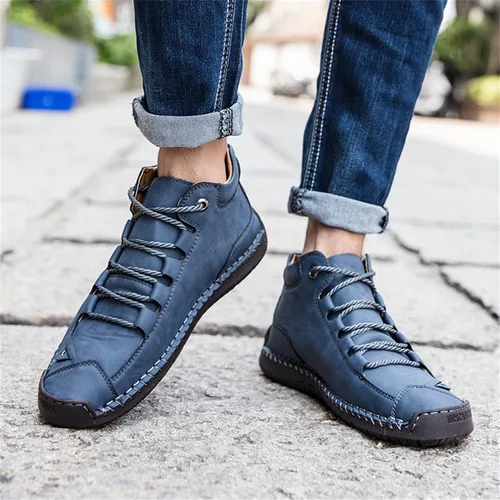 Vista 6 de Dacomfy Zapatos casuales para hombre, botas chukka de piel sintética, con costuras a mano, zapatos de moda, cómodos, zapatos planos para caminar