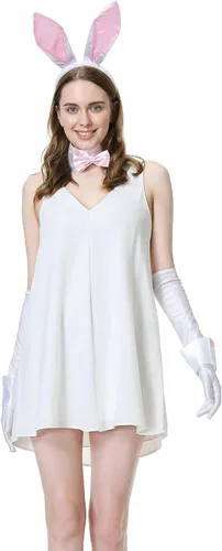 Vista 2 de Conjunto de disfraz de conejo con diadema de orejas de conejo, corbatín, cuello, puños y cola, conjunto de accesorios de conejo de Halloween
