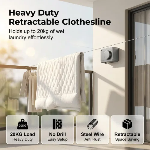 Vista 2 de Tendedero retráctil para interiores y exteriores con diseño anticaída, nuevo tendedero retráctil 2026 para baño, tendedero de acero inoxidable