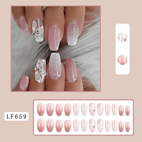 Vista 2 de Uñas postizas medianas con diseño de ataúd SWEKKE a presión, uñas postizas de cobertura completa rosa con diseños de flores, uñas adhesivas C1
