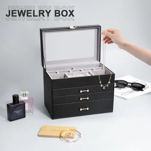 Vista 2 de V-LAFUY Joyero organizador de joyas para mujer, joyero con tapa de vidrio transparente de 4 niveles con 3 cajones, regalo para mujeres y niñas, tapa