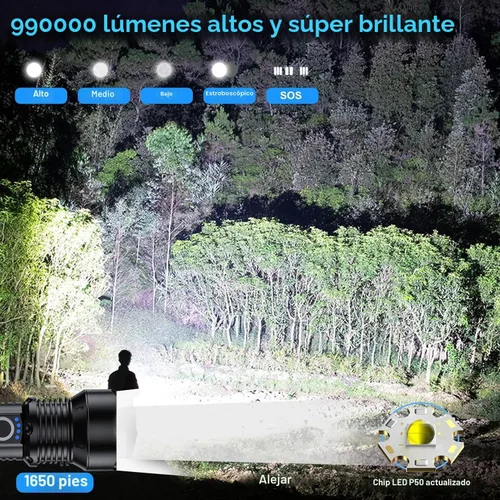 Vista 2 de Linternas recargables de 10000 lúmenes altos, linterna LED impermeable para emergencias, linterna de alta potencia con 5 modos, con zoom