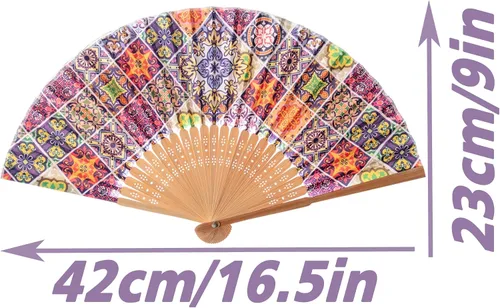 Vista 2 de Abanico de mano de bambú Salutto con patrón impreso, abanico plegable para regalo de fiesta de boda, azulejo vidriado