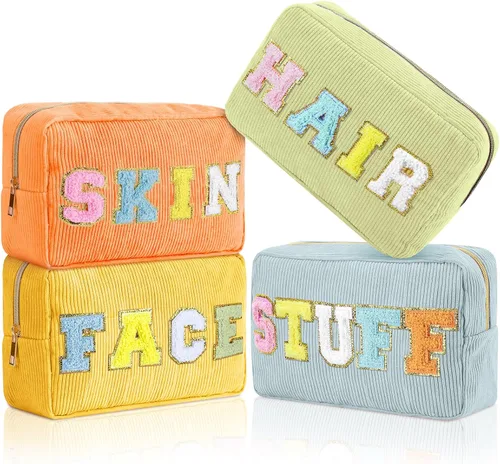 Vista 14 de Pinkunn 4 Piezas Bolsas de Maquillaje Preppy Bolsas de Chenilla con Letras de Viaje Organizador Facial Piel Cabello Higiene Cosmética Bolsa de Aseo