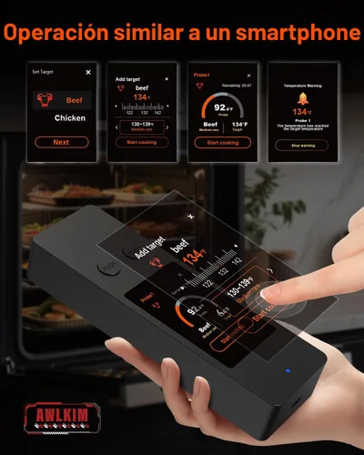 Vista 3 de Termómetro inalámbrico para carne con Bluetooth y aplicación, pantalla táctil, alarma audible, 2 sondas, alcance de 800 pies y base recargable