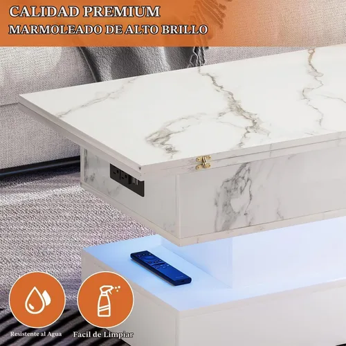 Vista 6 de SYESWAY - Mesa de centro con tapa elevable de 39.4 pulgadas con estación de carga, mesa central con diseño de mármol brillante con compartimento