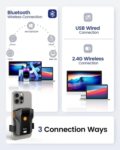 Vista 2 de Eyoyo Bluetooth Escáner de Código de Barras Inalámbrico: Lector de Código de Barras 1D Portátil con Clip para la Parte Trasera del Teléfono