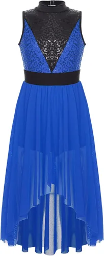 Vista 3 de TiaoBug Vestido de baile de ballet lírico con lentejuelas para niñas, falda alta y baja, disfraz de salón moderno y contemporáneo de jazz latino