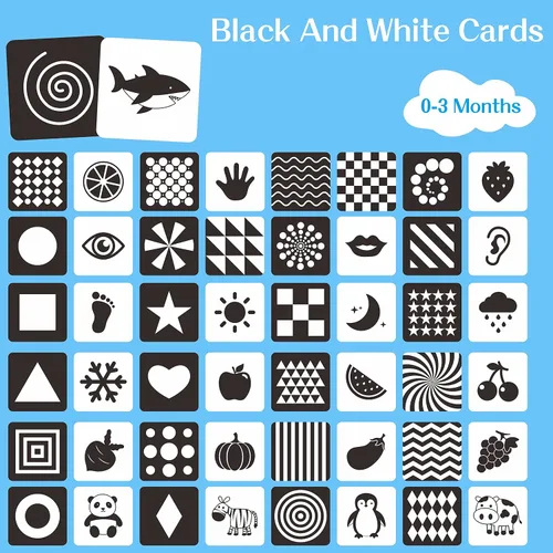 Vista 6 de 50 páginas de tarjetas de estimulación visual, 25 tarjetas de estímulo visual para bebés en blanco y negro, juego de tarjetas de desarrollo