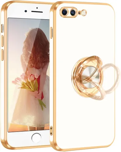 Vista 8 de Fingic Funda para iPhone 7 Plus, iPhone 8 Plus con soporte de anillo, soporte magnético giratorio de 360°, borde dorado brillante, funda protectora