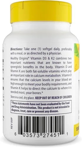 Vista 3 de Healthy Origins Vitamina D3 y K2 – Vitamina D3, 50 mcg – Vitamina K2, 200 mcg – Suplementos de vitamina D y vitamina K fácilmente absorbibles