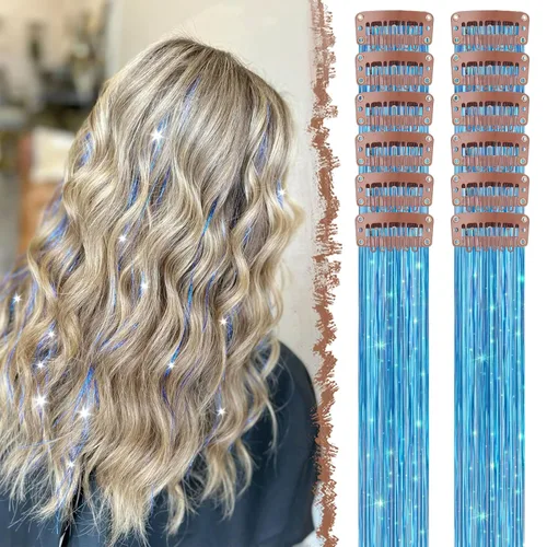 Vista 28 de FESHFEN Juego de 12 extensiones de cabello con clip, color negro, con clip, con purpurina, kit de accesorios coloridos para mujeres, de 20 pulgadas