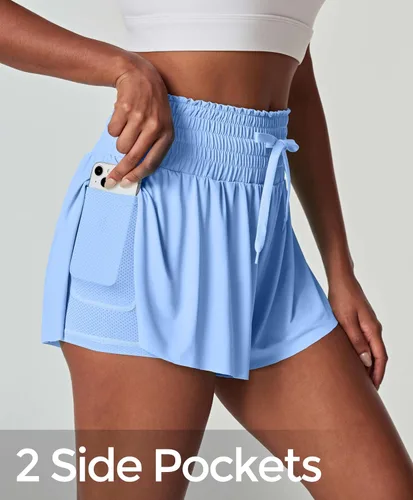 Vista 2 de Pantalones cortos fluidos, pantalones cortos de mariposa para mujer, de cintura alta, ropa de preparación para golf, entrenamiento, pantalones