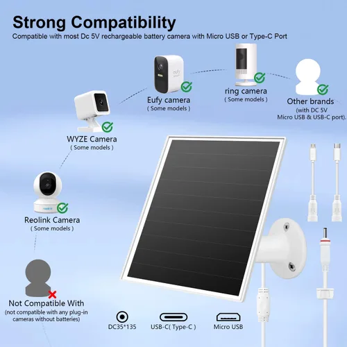 Vista 2 de Cargador de panel solar de 6 W para cámaras de seguridad exteriores. Micro USB/USB - C/DC (35 * 135) Compatible con cámaras Eufy/Wyze/Ring, cable