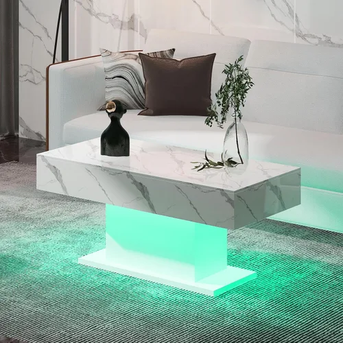 Vista 11 de HedoAjim - Mesa de café LED para sala de estar, mesa rectangular central de sala de estar, mesas de café modernas de madera con alto brillo y luces