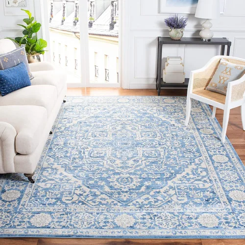 Vista 17 de Safavieh - Alfombra de 2 x 4 pies de la colección Brentwood color marfil y azul marino, alfombra que no suelta pelusas con diseño desgastado