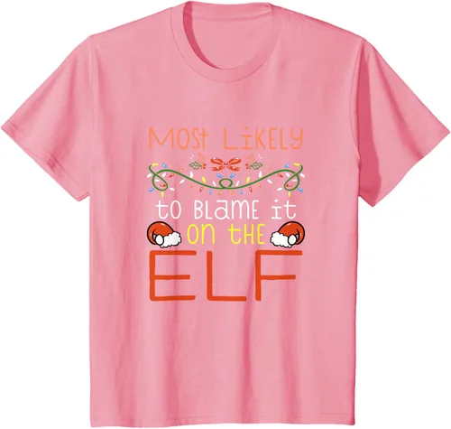 Vista 13 de Camiseta de Navidad familiar a juego con la frase "Most Likely To Blame It On The Elf" Negro