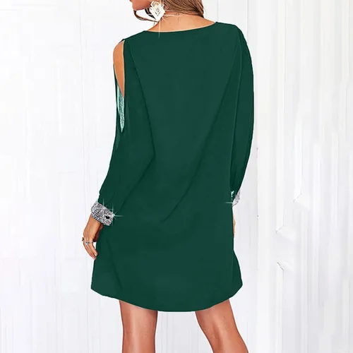 Vista 4 de INGWHW Vestidos de mujer de color sólido con costuras de lentejuelas con cuello en V y manga de hombros descubiertos, vestido casual, S-3XL