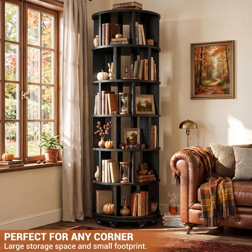 Vista 6 de Besiost 6-Tier Rotating Bookshelf Tower, Solid Wood 360° Revolving Bookcase Round Spinning Book Shelf Organizer on 6 Wheels, Narrow Rolling