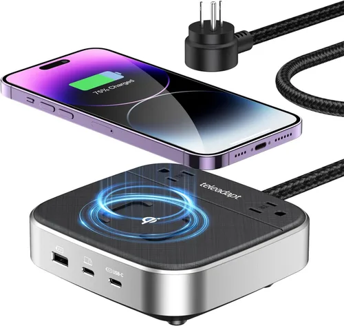 Vista 10 de Estación de carga Teleadapt 67W, estación de carga para iPhone 6 en 1 con puerto USB Wireless Charging, 2× AC Outlets, Desktop/Bedside/Nightstand