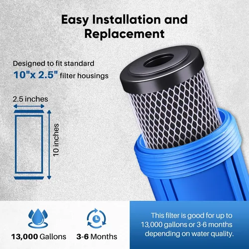 Vista 8 de Cartucho de filtro de agua de carbono CTO de 5 micrones de 2.5 x 10 pulgadas para toda la casa para sistema de filtro de agua debajo del fregadero