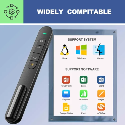 Vista 6 de QUI Clicker de presentación para PowerPoint, RF 2.4GHz USB Presentador inalámbrico remoto con Control de Volumen, Clicker de PowerPoint Avanzador