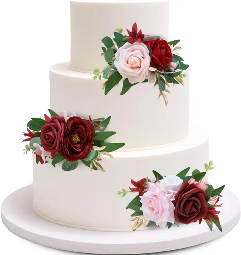 Vista 8 de Marriwise 3 piezas de flores prefabricadas, decoración de pastel de boda rosa baya, decoración de flores artificiales para boda, ceremonia