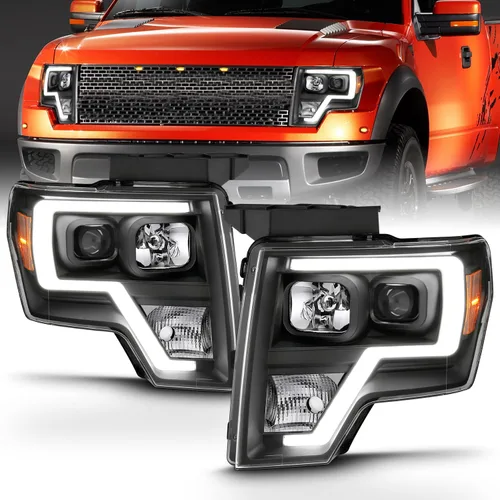 Vista 4 de AmeriLite para camioneta Ford F150 2009-2014, juego de faros delanteros LED de barra cuadrada, proyector halógeno negro, haz alto/bajo incluido