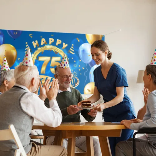 Vista 4 de 5665 Cartel de fondo de feliz cumpleaños 75, decoración azul con texto en inglés "Cheers to 75 años" para fiestas temáticas para hombres y mujeres