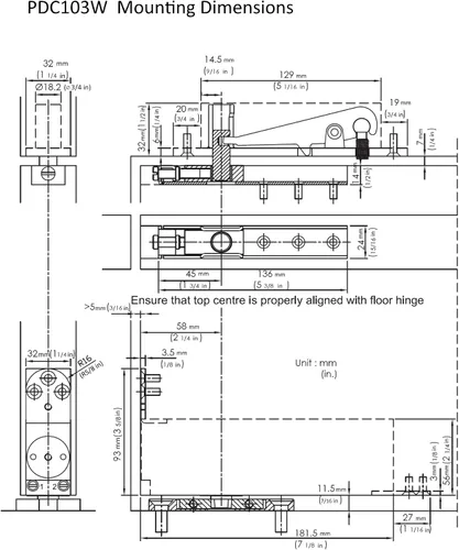 Vista 3 de NHN Modelo: PDC103W SSS - Cierrapuertas ocultas de cierre automático hidráulico para puertas de madera y acero