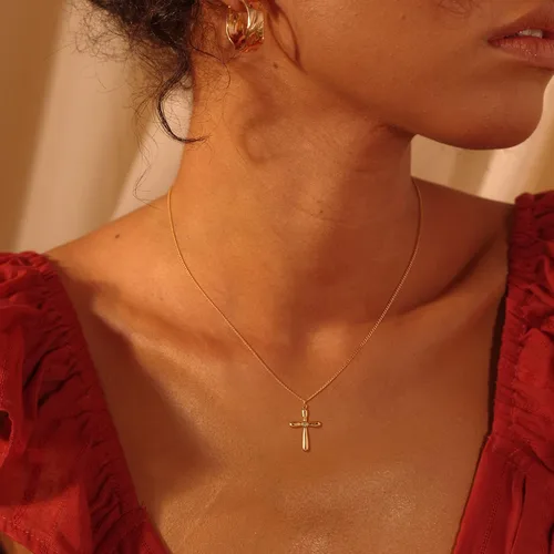 Vista 169 de Fettero - Collar con dije de cruz de fe, chapado en oro de 14 K, cadena fina, minimalista, simple, pequeña, para oración, regalo de joyería religiosa