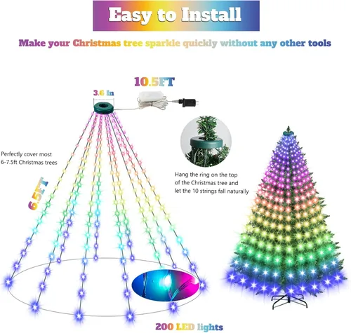 Vista 3 de Luces para árbol de Navidad – 200 luces LED multicolor con más de 100 modos de luces inteligentes con aplicación, control remoto con sincronización