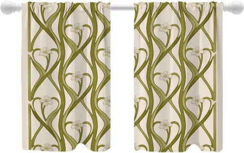 Vista 32 de Shrahala Art Nouveau Floral Pattern Blackout Curtain Tiers, Delicate Vine and Flower Design Kitchen Valance Light Blocking Tier Drapes with Rod