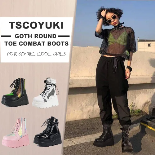 Vista 4 de Tscoyuki Botines de plataforma para mujer botines de tacón alto gruesos botas de combate góticas botas de combate para mujer con cordones cuñas