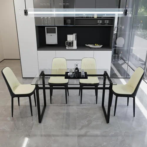 Vista 8 de Juego de mesa de comedor de cristal moderno para 4, juego de mesa de cocina rectangular, juego de mesa de comedor de 5 piezas con 1 mesa de vidrio