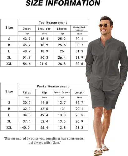 Vista 6 de COOFANDY Conjuntos de lino para hombre, 2 piezas, camisa de manga larga y pantalones cortos casuales con cordón en la cintura, trajes de verano