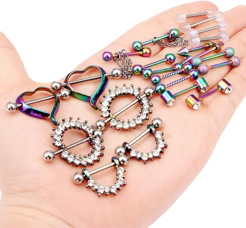 Vista 3 de Oufksiyy - 12 pares de anillos para pezón con piedra de circonita cúbica, acero inoxidable 316L, 0.49oz, 0.49oz, para pezón, para mujer, joyería