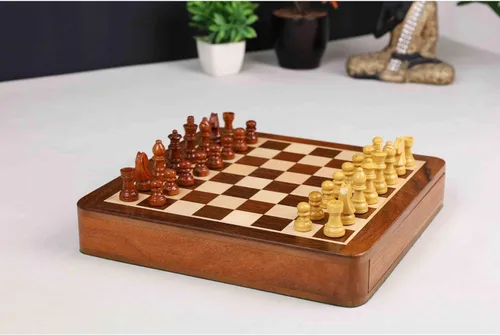 Vista 9 de RoyalChessMall- Juego de ajedrez magnético de viaje con cajón, 10 pulgadas, madera de palisandro dorado
