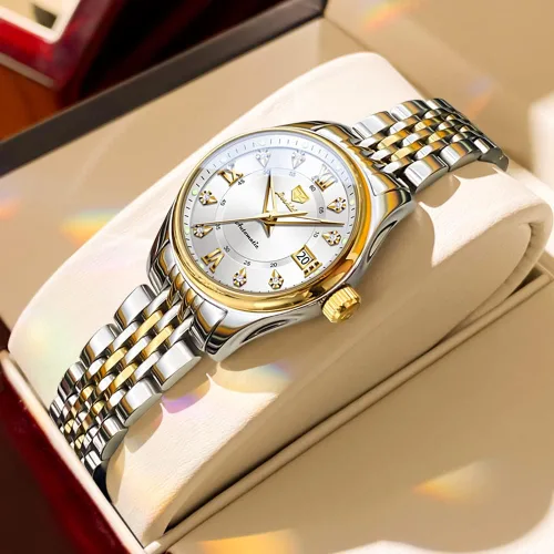 Vista 2 de OLEVS Relojes automáticos para mujer, mecánicos, cuerda automática, vestido de lujo, esfera de diamante, correa de acero inoxidable, impermeable