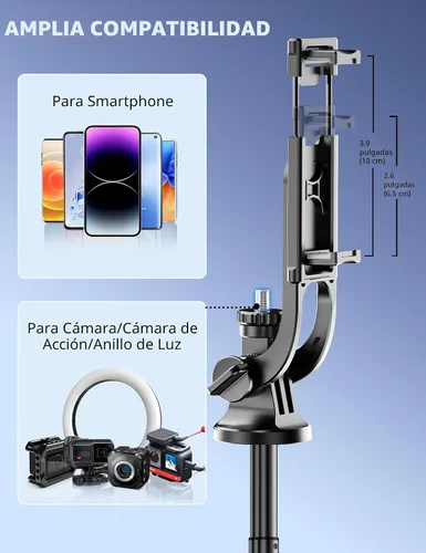 Vista 6 de Trípode de aluminio de 71" para teléfono, trípodes de viaje para iPhone con control remoto, trípode de selfie para celular extensible compatible