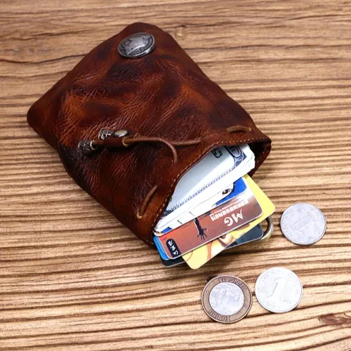 Vista 5 de Wugebud 1 llavero medieval de cuero, organizador de monedas, soporte para cambios, bolsa de cuero con cordón para hombres y mujeres, Marrón