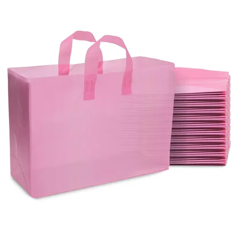 Vista 12 de Prime Line Packaging Bolsas de regalo rosadas, bolsas de tote de plástico esmerilado con asas para pequeñas empresas, golosinas, compras, cumpleaños