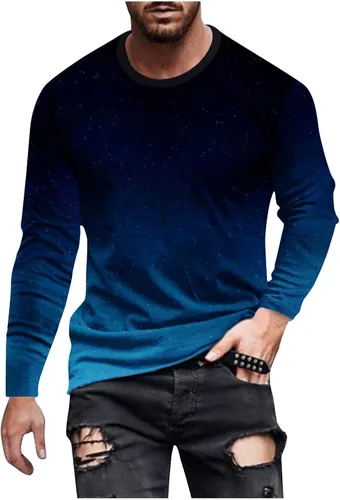 Vista 7 de Camisas para hombre, estilo casual, elegante, manga larga, color degradado, cuello redondo, sudaderas grandes y altas para entrenamiento de gimnasio