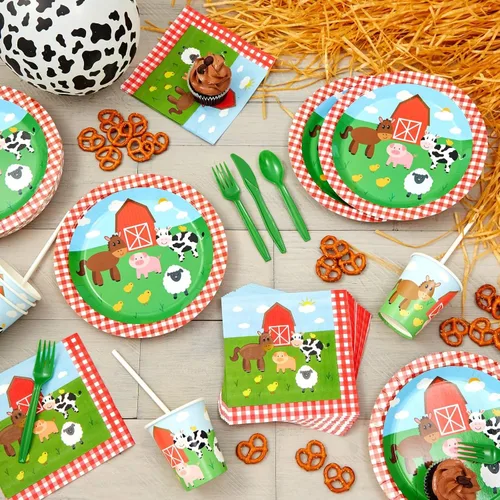 Vista 3 de Juvale Farm - Decoraciones para fiestas temáticas – Juego de 144 piezas, sirve 24, platos de 9 pulgadas y tazas de 9 onzas, diseño de animales a