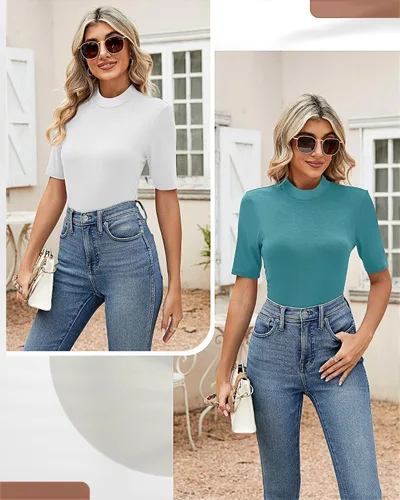 Vista 5 de Paquete de 2 camisetas casuales para mujer, cuello alto falso, camisas de negocios, media manga corta, cuello alto, manga corta, blusa de trabajo