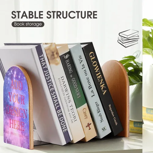 Vista 7 de Sujetalibros de madera personalizados para estantes, añade tu propia foto, logotipo o texto, sujetalibros personalizados, soporte para libros